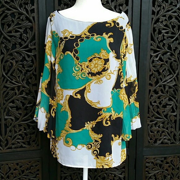 Alyx Tops - ALYX Green/Black/White/Gold Blouse w/Plume Sleeves